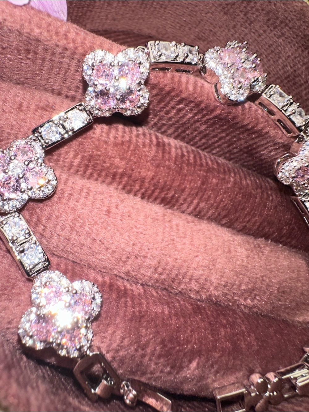 Sparkling Pink Clover Crystal Floral Tennis Bracelet - Picture 3 of 6